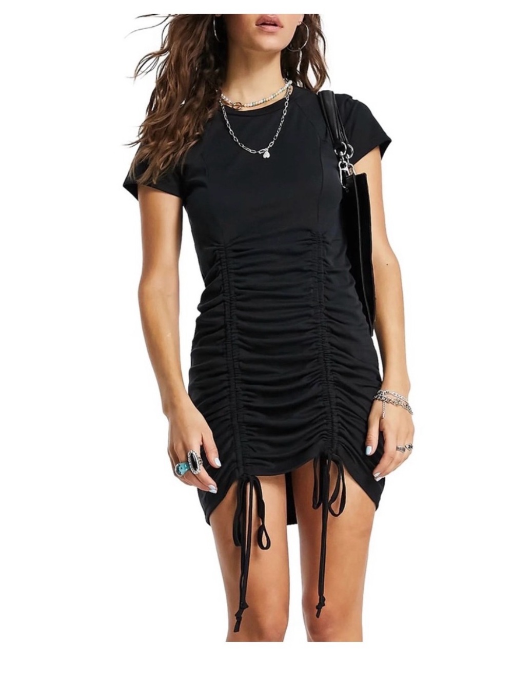 Topshop Women’s Mini Dress Double Ruching Black Size 4 Bodycon Night out Edgy